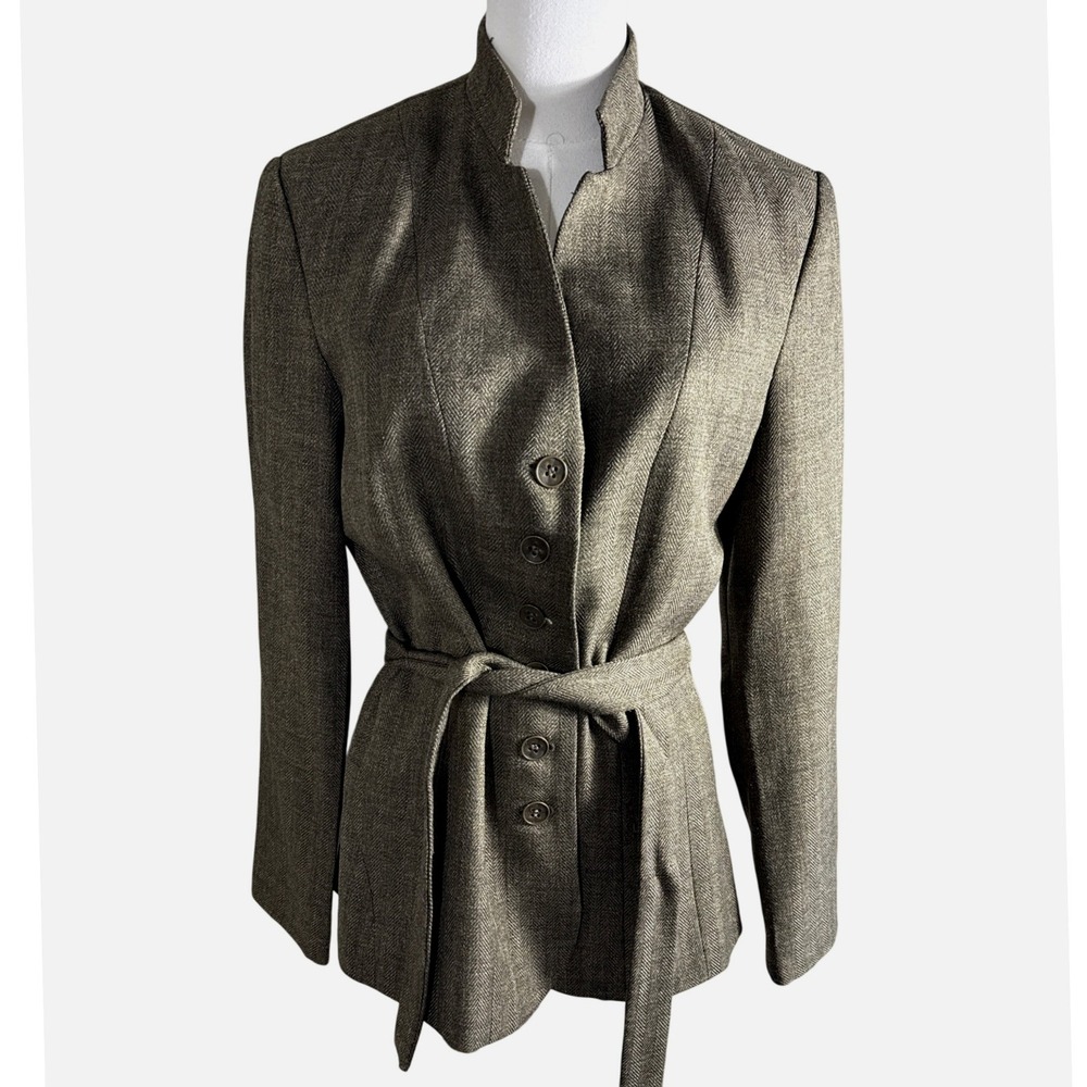 Signature by Larry Levine Brown Herringbone Belted Blazer Jacket Womens 8